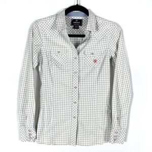 Ariat Gingham Shirt Gray Collared Button Front Flap Pockets Long Sleeve Sz XS